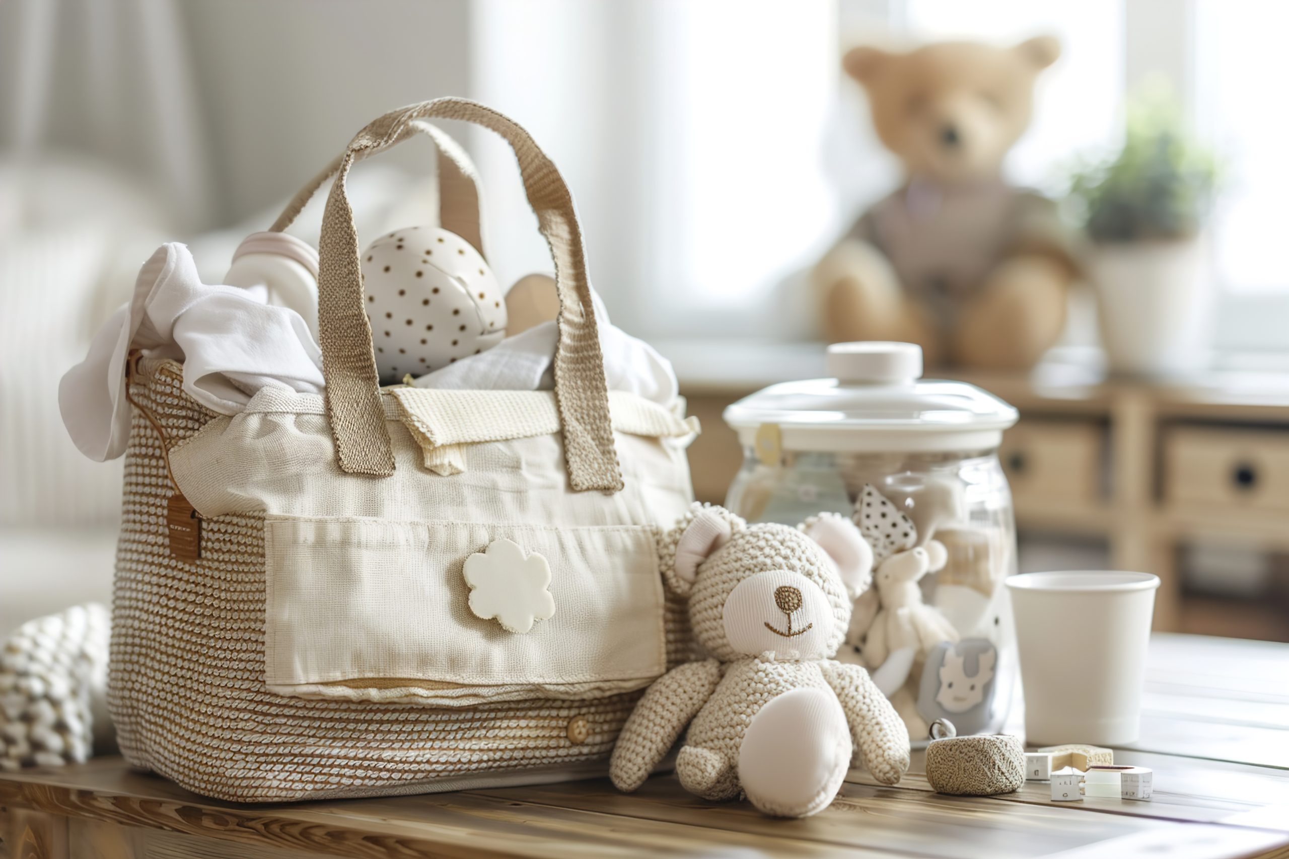 Mothers bag with babys stuff on wooden table indoor